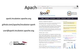 Apache Spark
spark.incubator.apache.org
github.com/apache/incubator-spark
user@spark.incubator.apache.org
 