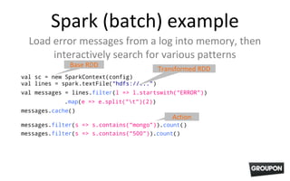 Spark (batch) example
Load error messages from a log into memory, then
interactively search for various patterns
val sc = new SparkContext(config)
val lines = spark.textFile(“hdfs://...”)
val messages = lines.filter(l => l.startswith(“ERROR”))
.map(e => e.split(“t“)(2))
messages.cache()
messages.filter(s => s.contains(“mongo”)).count()
messages.filter(s => s.contains(“500”)).count()
Base RDD
Transformed RDD
Action
 