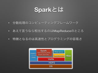 Sparkとは
&bull; 分散処理のコンピューティングフレームワーク
&bull; あえて言うなら相当するのはMapReduceのところ
&bull; 特徴となるのは高速性とプログラミングの容易さ
OS
HDFS
Hive e.t.c.
HBaseMapReduce
YARN
Impalaなど
（インメモ
リ系SQL）
Spark
（Spark Streaming, MLlib,
GraphX, Spark SQL)
 