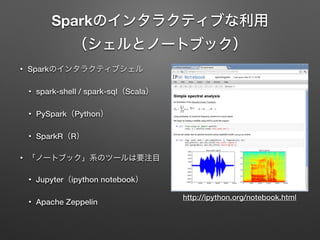 Sparkのインタラクティブな利用 
（シェルとノートブック）
&bull; Sparkのインタラクティブシェル
&bull; spark-shell / spark-sql（Scala）
&bull; PySpark（Python）
&bull; SparkR（R）
&bull; 「ノートブック」系のツールは要注目
&bull; Jupyter（ipython notebook）
&bull; Apache Zeppelin
http://ipython.org/notebook.html
 