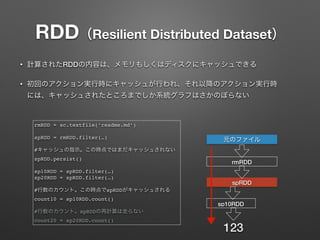 RDD（Resilient Distributed Dataset）
&bull; 計算されたRDDの内容は、メモリもしくはディスクにキャッシュできる
&bull; 初回のアクション実行時にキャッシュが行われ、それ以降のアクション実行時
には、キャッシュされたところまでしか系統グラフはさかのぼらない 
rmRDD = sc.textfile(&lsquo;readme.md&rsquo;)
spRDD = rmRDD.filter(&hellip;)
#キャッシュの指示。この時点ではまだキャッシュされない
spRDD.persist()
sp10RDD = spRDD.filter(&hellip;)
sp20RDD = spRDD.filter(&hellip;)
#行数のカウント。この時点でspRDDがキャッシュされる
count10 = sp10RDD.count()
#行数のカウント。spRDDの再計算は走らない
count20 = sp20RDD.count()
元のファイル
rmRDD
spRDD
sp10RDD
123
 