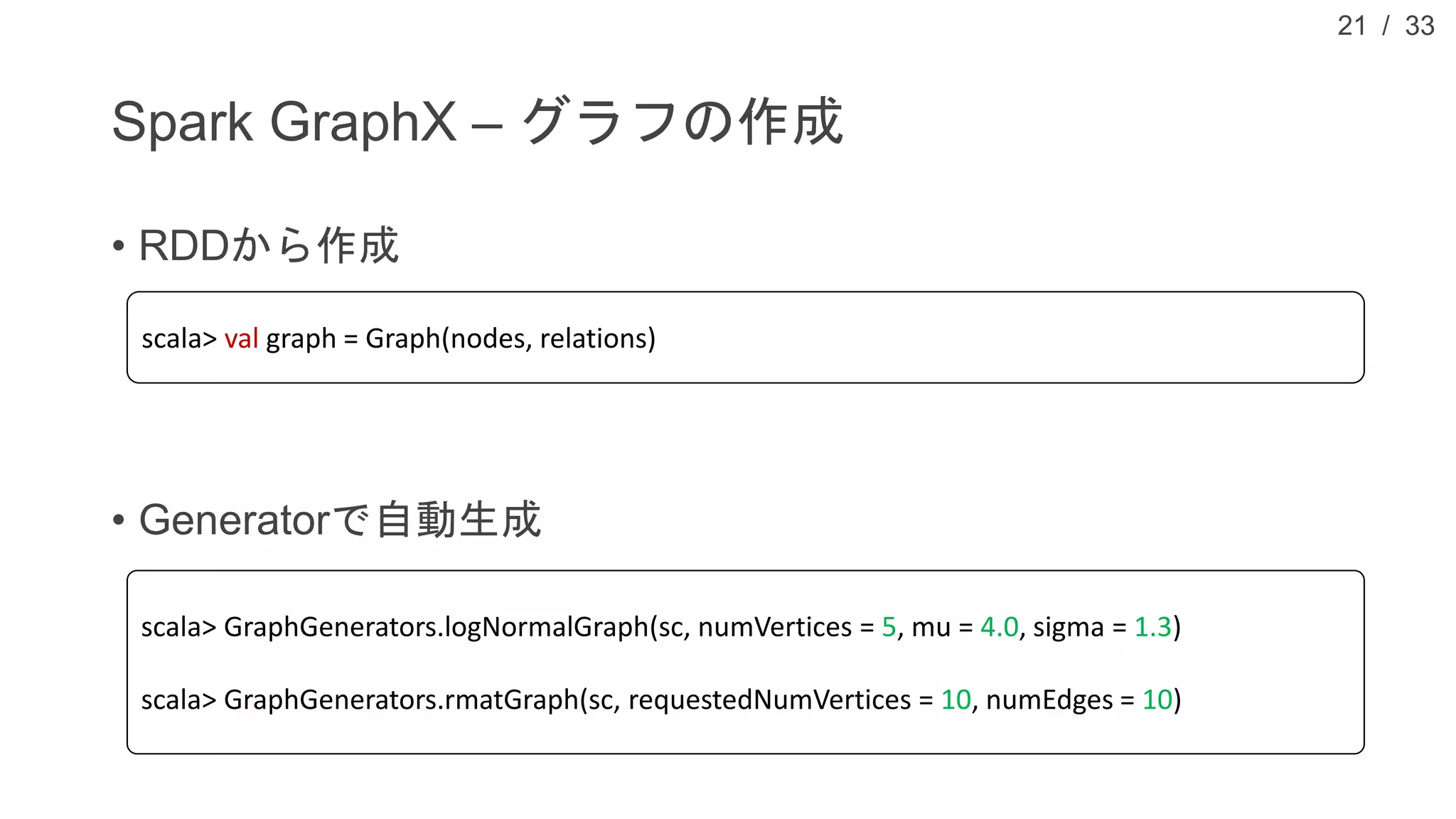 / 33
Spark GraphX – グラフの作成
• RDDから作成
• Generatorで自動生成
21
scala> val graph = Graph(nodes, relations)
scala> GraphGenerators.logNormalGraph(sc, numVertices = 5, mu = 4.0, sigma = 1.3)
scala> GraphGenerators.rmatGraph(sc, requestedNumVertices = 10, numEdges = 10)
 