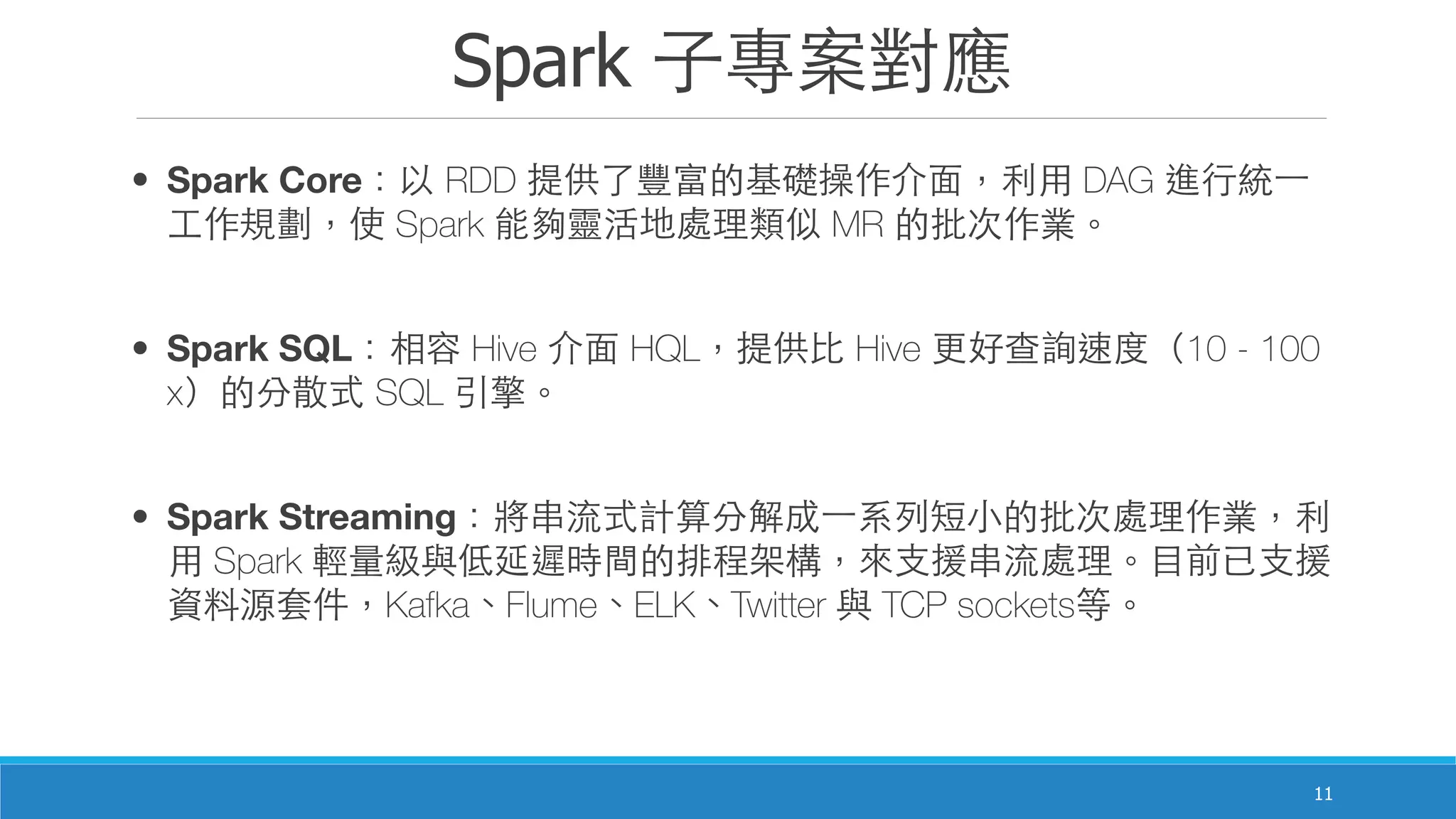 Spark ⼦子專案對應
11
• Spark Core：以 RDD 提供了豐富的基礎操作介⾯面，利⽤用 DAG 進⾏行統⼀一
⼯工作規劃，使 Spark 能夠靈活地處理類似 MR 的批次作業。
• Spark SQL：相容 Hive 介⾯面 HQL，提供⽐比 Hive 更好查詢速度（10 - 100
x）的分散式 SQL 引擎。
• Spark Streaming：將串流式計算分解成⼀一系列短⼩小的批次處理作業，利
⽤用 Spark 輕量級與低延遲時間的排程架構，來⽀支援串流處理。⺫⽬目前已⽀支援
資料源套件，Kafka、Flume、ELK、Twitter 與 TCP sockets等。
 