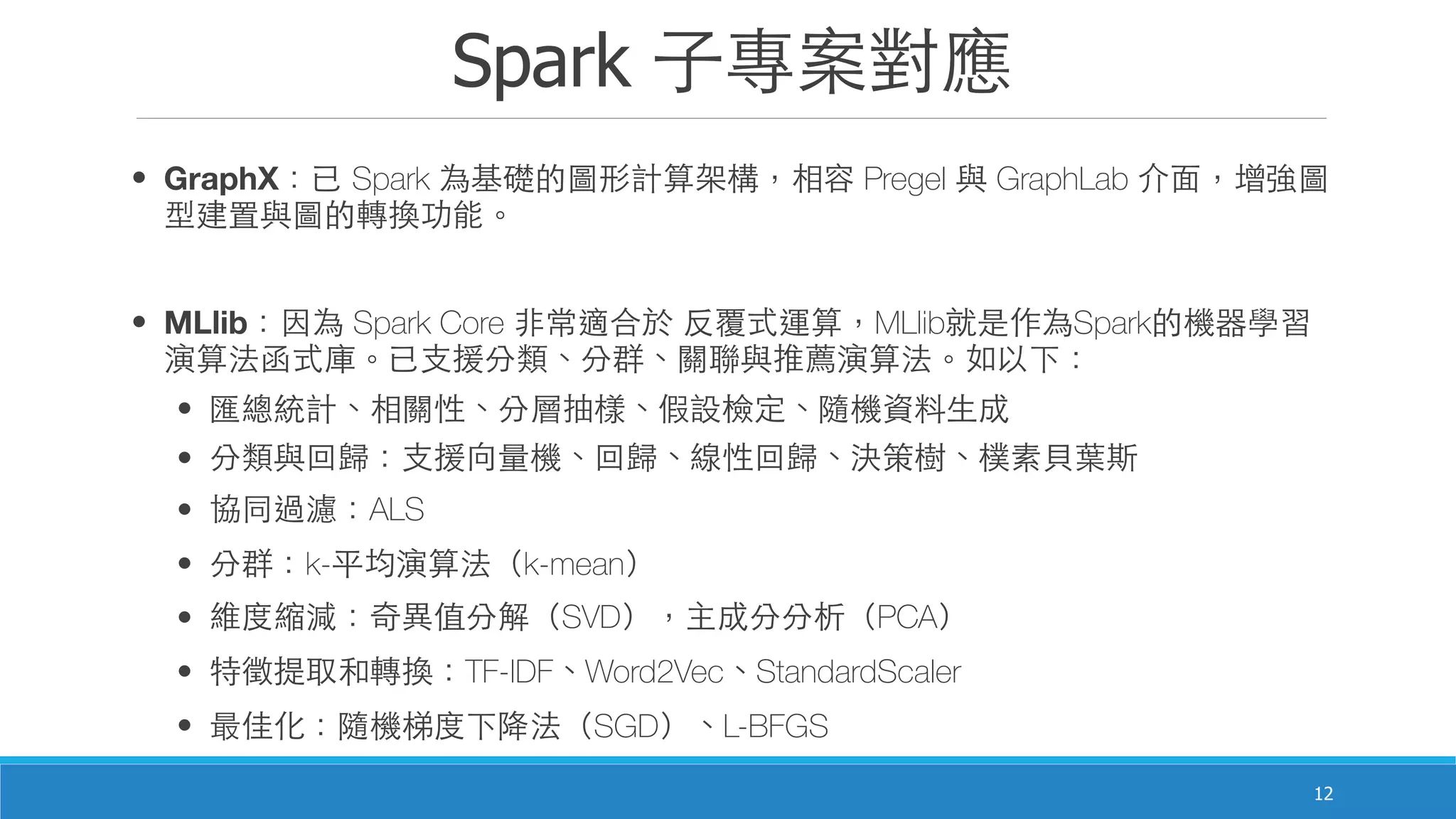 Spark ⼦子專案對應
12
• GraphX：已 Spark 為基礎的圖形計算架構，相容 Pregel 與 GraphLab 介⾯面，增強圖
型建置與圖的轉換功能。
• MLlib：因為 Spark Core ⾮非常適合於 反覆式運算，MLlib就是作為Spark的機器學習
演算法函式庫。已⽀支援分類、分群、關聯與推薦演算法。如以下：
• 匯總統計、相關性、分層抽樣、假設檢定、隨機資料⽣生成
• 分類與回歸：⽀支援向量機、回歸、線性回歸、決策樹、樸素⾙貝葉斯
• 協同過濾：ALS
• 分群：k-平均演算法（k-mean）
• 維度縮減：奇異值分解（SVD），主成分分析（PCA）
• 特徵提取和轉換：TF-IDF、Word2Vec、StandardScaler
• 最佳化：隨機梯度下降法（SGD）、L-BFGS
 