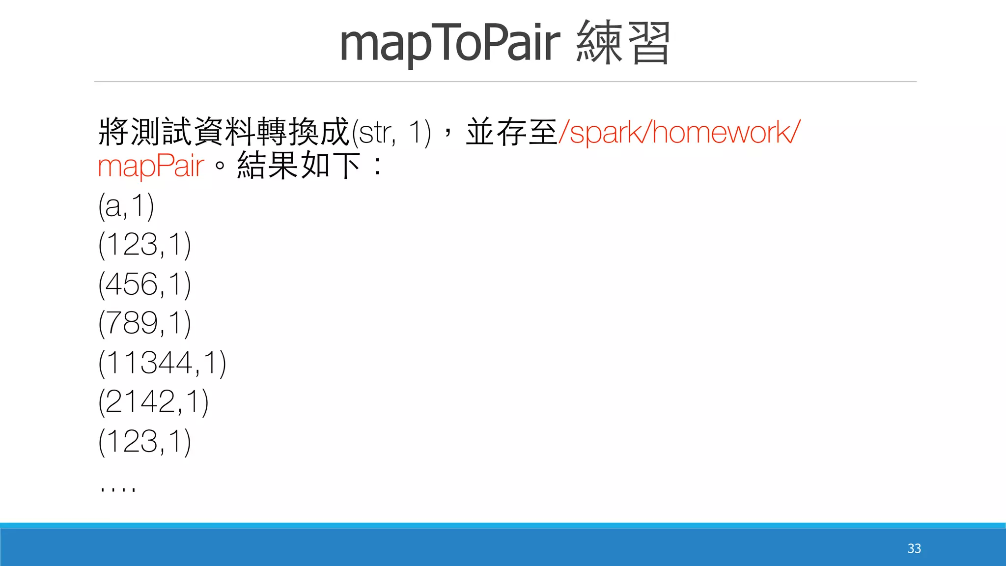 mapToPair 練習
33
將測試資料轉換成(str, 1)，並存⾄至/spark/homework/
mapPair。結果如下：
(a,1)
(123,1)
(456,1)
(789,1)
(11344,1)
(2142,1)
(123,1)
….
 