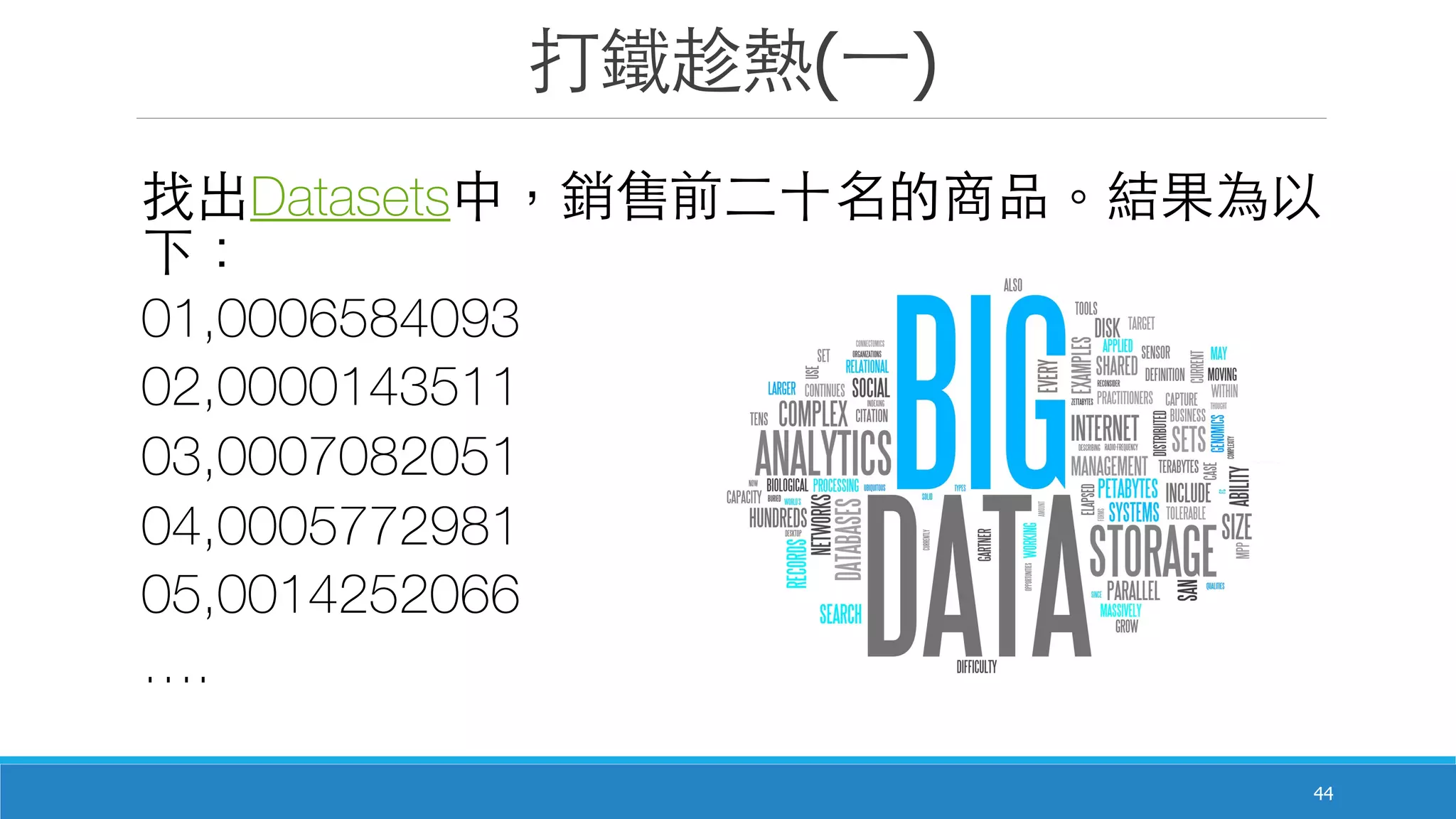 打鐵趁熱(⼀一)
44
找出Datasets中，銷售前⼆二⼗十名的商品。結果為以
下：
01,0006584093
02,0000143511
03,0007082051
04,0005772981
05,0014252066
….
 