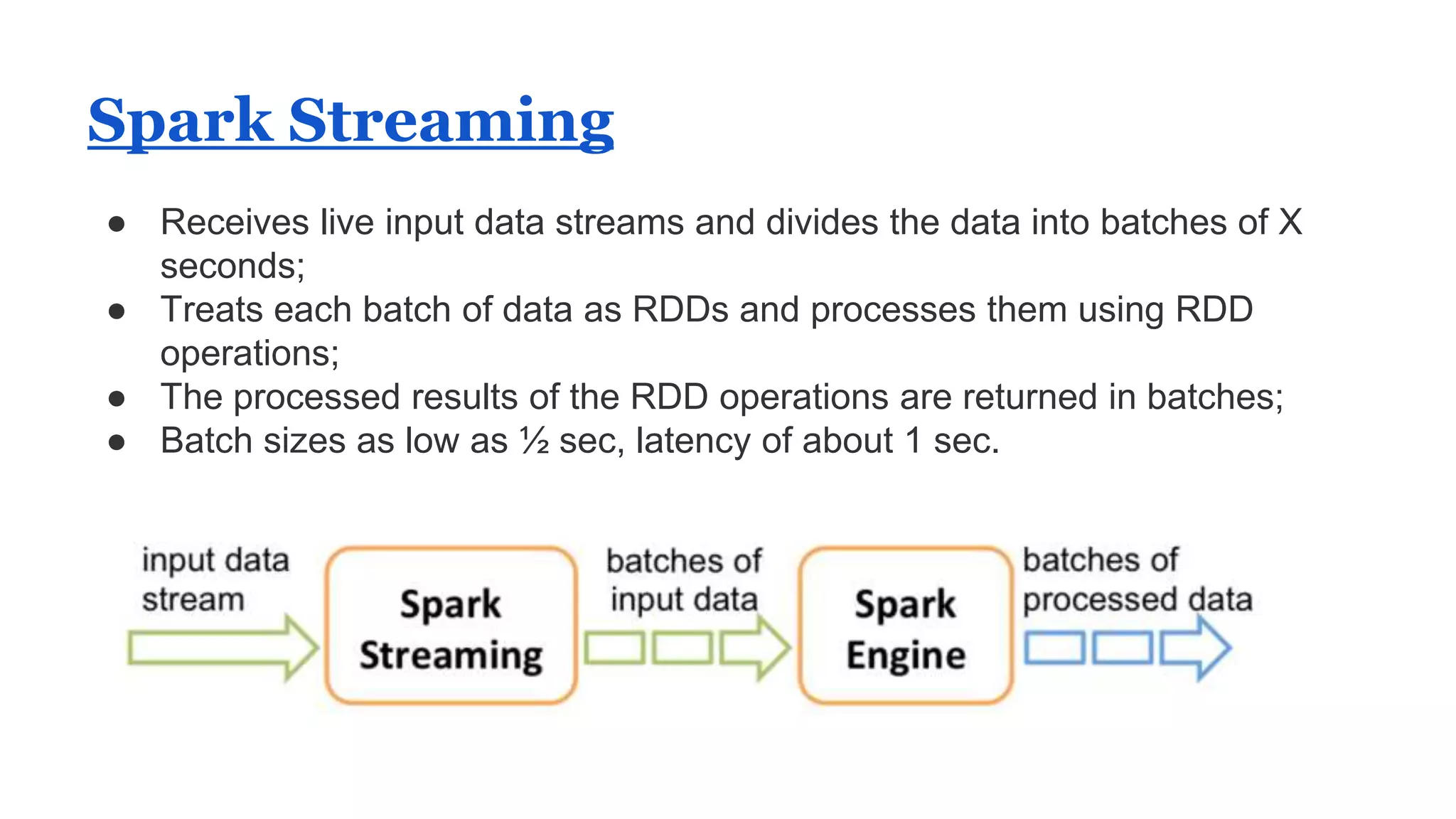 Spark Streaming
● Receives live input data streams and divides the data into batches of X
seconds;
● Treats each batch of data as RDDs and processes them using RDD
operations;
● The processed results of the RDD operations are returned in batches;
● Batch sizes as low as ½ sec, latency of about 1 sec.
 