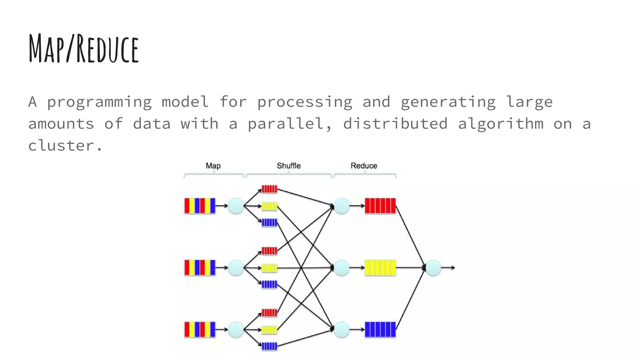 Map/Reduce
A programming model for processing and generating large
amounts of data with a parallel, distributed algorithm on a
cluster.
 
