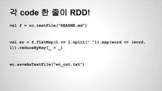 각 code 한 줄이 RDD!
val f = sc.textFile("README.md")
val wc = f.flatMap(l => l.split(" ")).map(word => (word,
1)).reduceByKey(_ + _)
wc.saveAsTextFile("wc_out.txt")
 