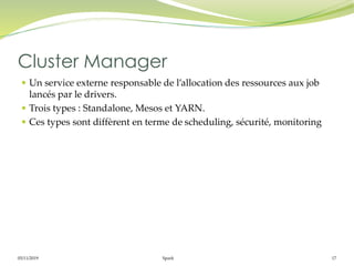 05/11/2019 Spark 17
 Un service externe responsable de l’allocation des ressources aux job
lancés par le drivers.
 Trois types : Standalone, Mesos et YARN.
 Ces types sont diffèrent en terme de scheduling, sécurité, monitoring
Cluster Manager
 
