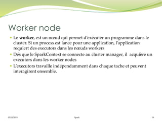 05/11/2019 Spark 19
 Le worker, est un nœud qui permet d’exécuter un programme dans le
cluster. Si un process est lance pour une application, l’application
requiert des executors dans les nœuds workers
 Dés que le SparkContext se connecte au cluster manager, il acquière un
executors dans les worker nodes
 L’executors travaille indépendamment dans chaque tache et peuvent
interagirent ensemble.
Worker node
 