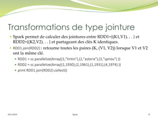 05/11/2019 Spark 33
 Spark permet de calculer des jointures entre RDD1={(K1,V1). . . } et
RDD2={(K2,V2). . . } et partageant des clés K identiques.
 RDD1.join(RDD2) : retourne toutes les paires (K, (V1, V2)) lorsque V1 et V2
ont la même clé.
 RDD1 = sc.parallelize(Array((1,"tintin"),(2,"asterix"),(3,"spirou") ))
 RDD2 = sc.parallelize(Array((1,1930),(2,1961),(1,1931),(4,1974) ))
 print RDD1.join(RDD2).collect()
Transformations de type jointure
 