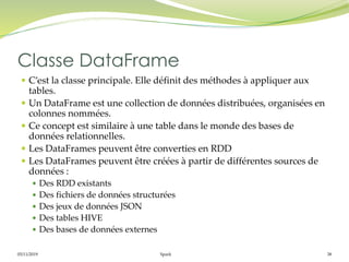 05/11/2019 Spark 38
 C’est la classe principale. Elle définit des méthodes à appliquer aux
tables.
 Un DataFrame est une collection de données distribuées, organisées en
colonnes nommées.
 Ce concept est similaire à une table dans le monde des bases de
données relationnelles.
 Les DataFrames peuvent être converties en RDD
 Les DataFrames peuvent être créées à partir de différentes sources de
données :
 Des RDD existants
 Des fichiers de données structurées
 Des jeux de données JSON
 Des tables HIVE
 Des bases de données externes
Classe DataFrame
 