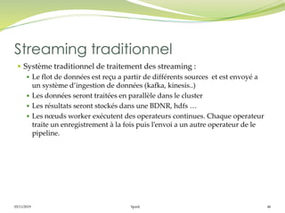05/11/2019 Spark 46
 Système traditionnel de traitement des streaming :
 Le flot de données est reçu a partir de différents sources et est envoyé a
un système d’ingestion de données (kafka, kinesis..)
 Les données seront traitées en parallèle dans le cluster
 Les résultats seront stockés dans une BDNR, hdfs …
 Les nœuds worker exécutent des operateurs continues. Chaque operateur
traite un enregistrement à la fois puis l’envoi a un autre operateur de le
pipeline.
Streaming traditionnel
 