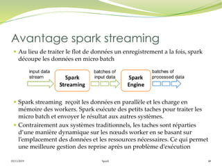 05/11/2019 Spark 48
 Au lieu de traiter le flot de données un enregistrement a la fois, spark
découpe les données en micro batch
 Spark streaming reçoit les données en parallèle et les charge en
mémoire des workers. Spark exécute des petits taches pour traiter les
micro batch et envoyer le résultat aux autres systèmes.
 Contrairement aux systèmes traditionnels, les taches sont réparties
d’une manière dynamique sur les nœuds worker en se basant sur
l’emplacement des données et les ressources nécessaires. Ce qui permet
une meilleure gestion des reprise après un problème d’exécution
Avantage spark streaming
 