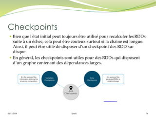 05/11/2019 Spark 56
 Bien que l’état initial peut toujours être utilisé pour recalculer les RDDs
suite à un échec, cela peut être couteux surtout si la chaine est longue.
Ainsi, il peut être utile de disposer d’un checkpoint des RDD sur
disque.
 En général, les checkpoints sont utiles pour des RDDs qui disposent
d’un graphe contenant des dépendances larges.
Checkpoints
 