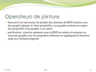 05/11/2019 Spark 70
 Souvent il est nécessaire de joindre des données de RDD externe avec
des graphe (ajouter d ’autre propriétés a un graphe existant ou copier
des propriétés d’un graphe a un autre)
 joinVertices : joint les sommets avec le RDD en entrée et retourne un
nouveau graphe avec les propriétés obtenues en appliquant la fonction
map aux sommets joignant
Operateurs de jointure
 