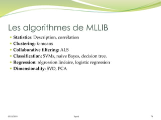 05/11/2019 Spark 74
 Statistics: Description, corrélation
 Clustering: k-means
 Collaborative filtering: ALS
 Classification: SVMs, naive Bayes, decision tree.
 Regression: régression linéaire, logistic regression
 Dimensionality: SVD, PCA
Les algorithmes de MLLIB
 
