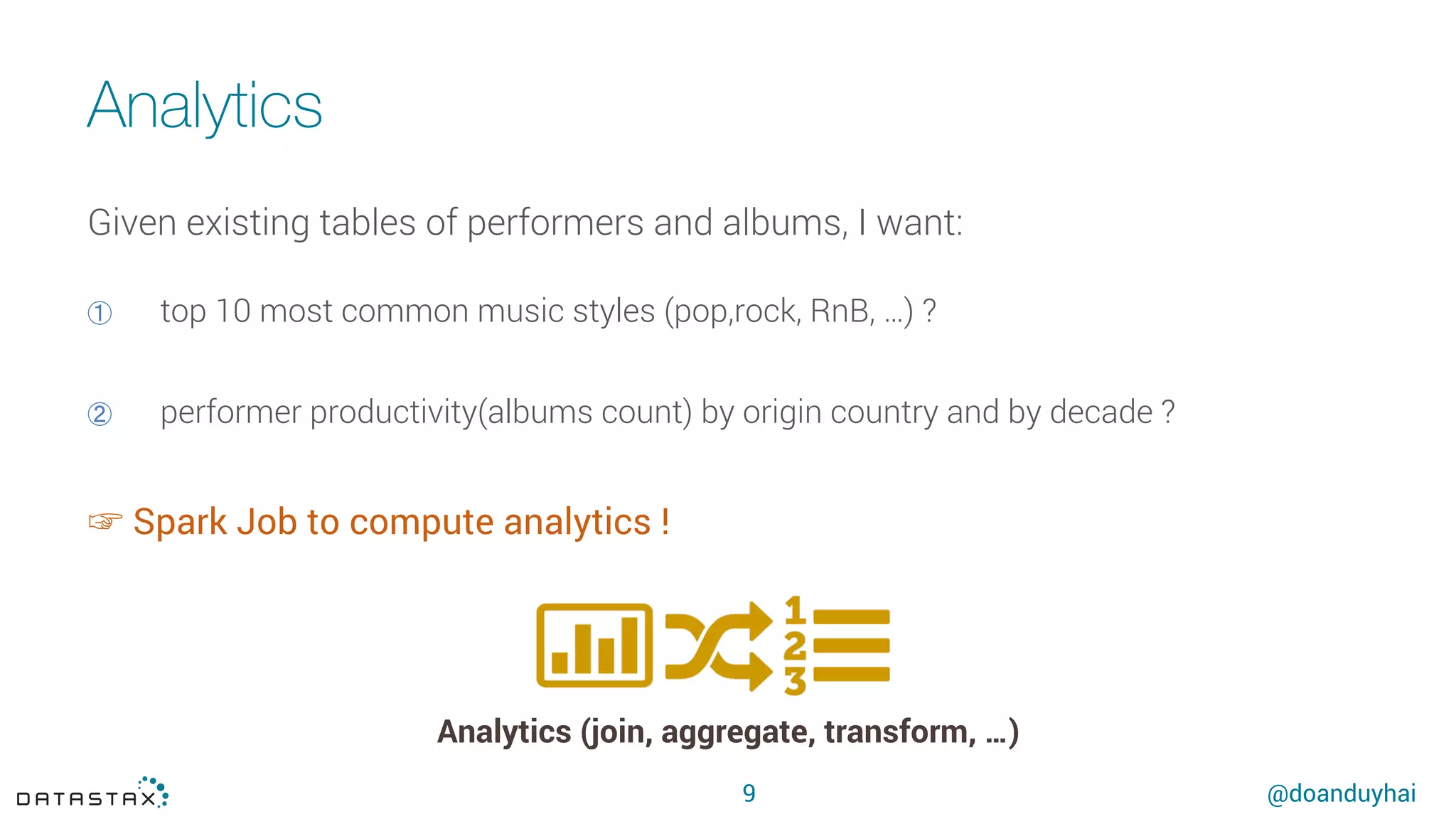 @doanduyhai
Analytics
9
Given existing tables of performers and albums, I want:
①  top 10 most common music styles (pop,rock, RnB, …) ?
②  performer productivity(albums count) by origin country and by decade ?
☞ Spark Job to compute analytics !
Analytics (join, aggregate, transform, …)
 