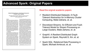 Read the original academic papers
!  Resilient Distributed Datasets: A Fault-
Tolerant Abstraction for In-Memory Cluster
Computing, Matei Zaharia, et. al.
!  Discretized Streams: An Efficient and Fault-
Tolerant Model for Stream Processing on
Large Clusters, Matei Zaharia, et. al.
!  GraphX: A Resilient Distributed Graph
System on Spark, Reynold S. Xin, et. al.
!  Spark SQL: Relational Data Processing in
Spark, Michael Armbrust, et. al.
Advanced Spark: Original Papers
 