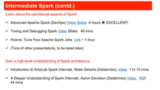 Intermediate Spark (contd.)
Learn about the operational aspects of Spark:
!  Advanced Apache Spark (DevOps) Video Slides 6 hours " EXCELLENT!
!  Tuning and Debugging Spark Video Slides 48 mins
!  How-to: Tune Your Apache Spark Jobs Link ~ 1 hour
!  (Tons of other presentations, to be listed later)
Gain a high-level understanding of Spark architecture:
!  Introduction to AmpLab Spark Internals, Matei Zaharia (Databricks), Video 1 hr 15 mins
!  A Deeper Understanding of Spark Internals, Aaron Davidson (Databricks) Video PDF
44 mins
 