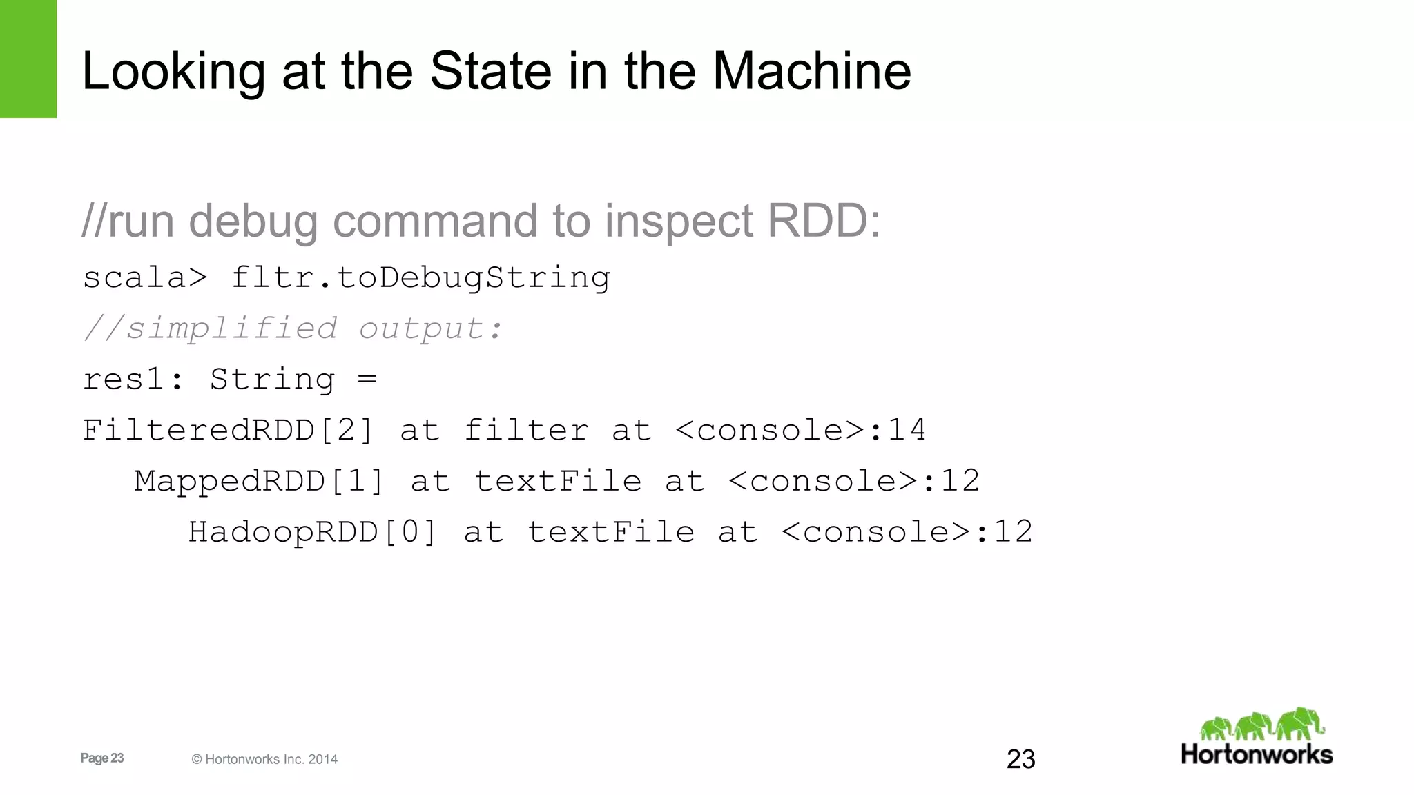 Page23 © Hortonworks Inc. 2014
Looking at the State in the Machine
//run debug command to inspect RDD:
scala> fltr.toDebugString
//simplified output:
res1: String =
FilteredRDD[2] at filter at <console>:14
MappedRDD[1] at textFile at <console>:12
HadoopRDD[0] at textFile at <console>:12
23
 