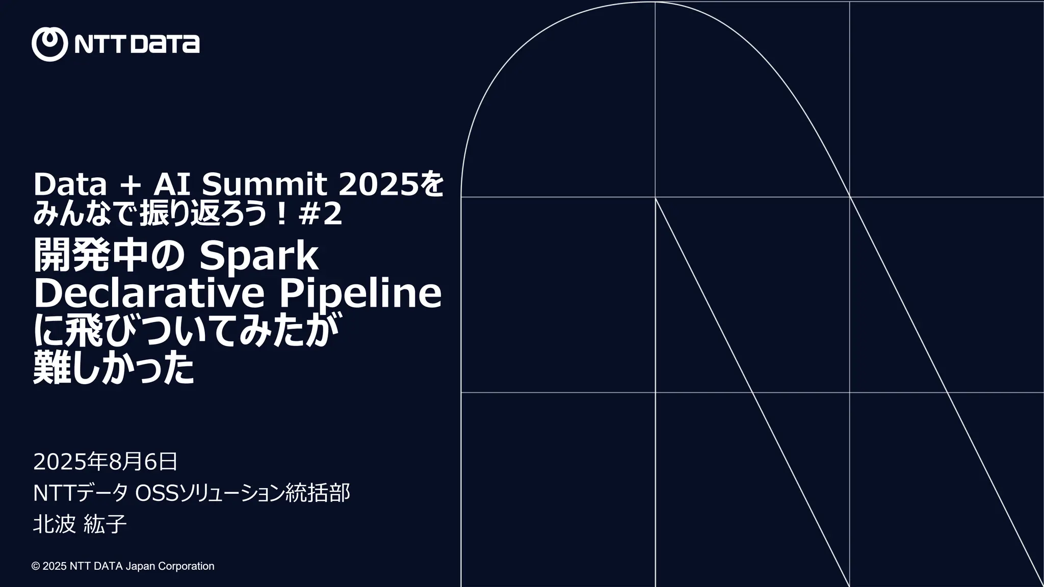 © 2025 NTT DATA Japan Corporation
© 2025 NTT DATA Japan Corporation
Data + AI Summit 2025を
みんなで振り返ろう！#2
開発中の Spark
Declarative Pipeline
に飛びついてみたが
難しかった
2025年8月6日
NTTデータ OSSソリューション統括部
北波 紘子
 