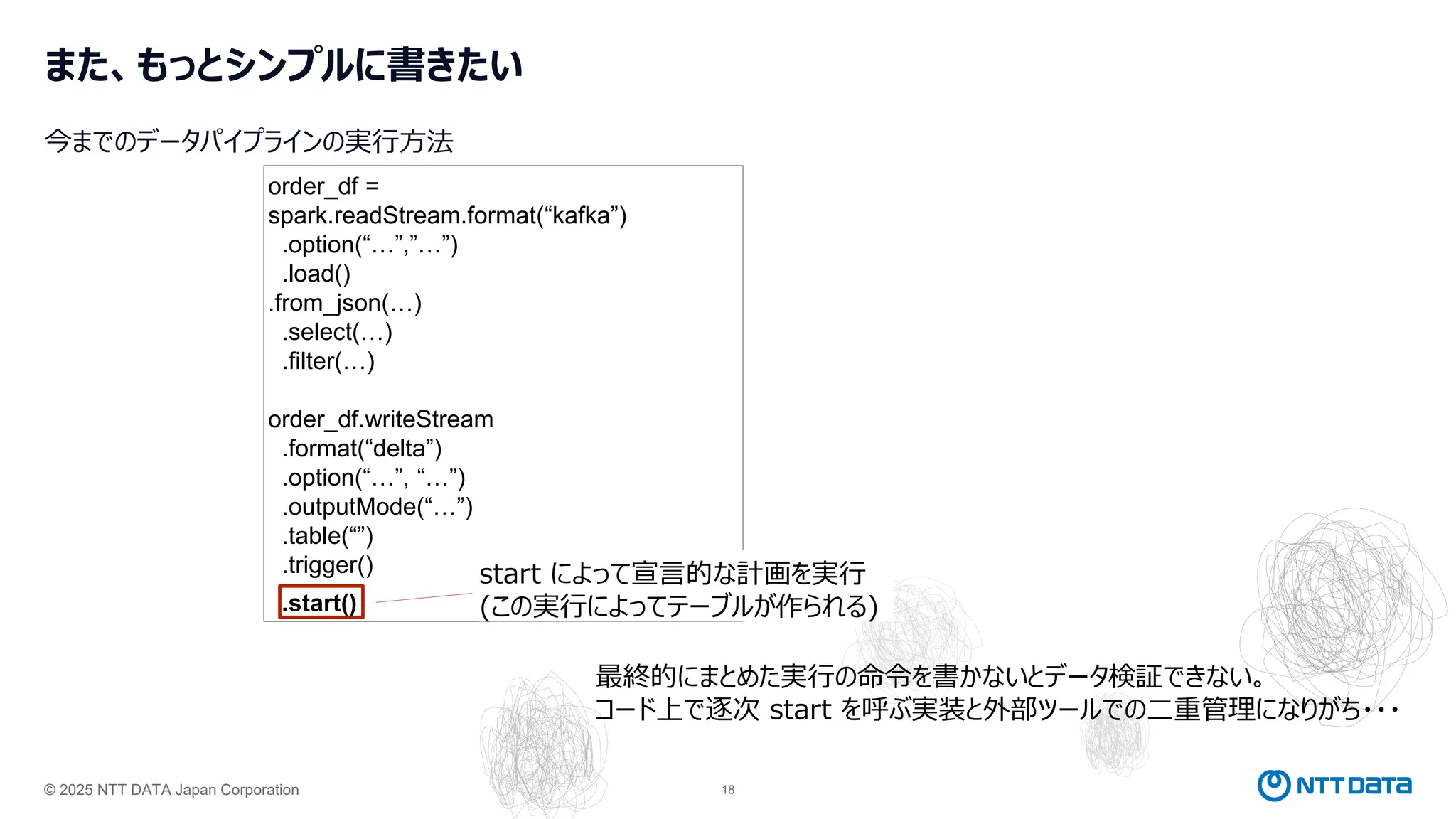 © 2025 NTT DATA Japan Corporation 18
また、もっとシンプルに書きたい
今までのデータパイプラインの実行方法
order_df =
spark.readStream.format(“kafka”)
.option(“…”,”…”)
.load()
.from_json(…)
.select(…)
.filter(…)
order_df.writeStream
.format(“delta”)
.option(“…”, “…”)
.outputMode(“…”)
.table(“”)
.trigger()
.start()
start によって宣言的な計画を実行
(この実行によってテーブルが作られる)
最終的にまとめた実行の命令を書かないとデータ検証できない。
コード上で逐次 start を呼ぶ実装と外部ツールでの二重管理になりがち・・・
 