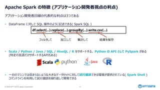 © 2025 NTT DATA Japan Corporation 10
アプリケーション開発者目線の代表的な利点は3つである
• DataFrame に対して SQL 操作のように記述できる( Spark SQL )
• Scala / Python / Java / SQL / HiveQL / R をサポートする。 Python の API として PySpark がある
(特定の言語だけサポートするAPIもある)
• 一台のマシンでは収まらないような大きなデータセットに対して試行錯誤できる環境が提供されている( Spark Shell )
コマンドラインを利用して試行錯誤を繰り返して開発できる
Apache Spark の特徴 (アプリケーション開発者視点の利点)
df.select(...).replace(...).groupBy(...).write.csv(...)
フィルタして 加工して 集計して 結果を保存
 