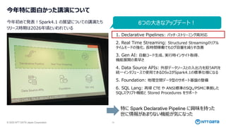 © 2025 NTT DATA Japan Corporation 14
今年特に面白かった講演について
今年初めて発表！Spark4.1 の展望についての講演たち
リリース時期は2026年頃といわれている
特に Spark Declarative Pipeline に興味を持った
世に情報があまりない機能が気になった
6つの大きなアップデート！
1. Declarative Pipelines: バッチ・ストリーミング両対応
2. Real Time Streaming: Structured Streamingのリアル
タイムモードの強化、長時間稼働でもログ容量を減らす改善
3. Gen AI: 自動コード生成、実行時インサイト取得、
機能展開の素早さ
4. Data Source APIs: 外部データソースとの入出力を担うAPIを
統一インタフェースで使用できるDSv2がSpark4.1の標準仕様になる
5. Foundation: 地理空間データ型のサポート基盤の整備
6. SQL Lang: 再帰 CTE や ANSI標準のSQL/PSMに準拠した
SQLスクリプト機能と Stored Procedures をサポート
 