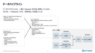 © 2025 NTT DATA Japan Corporation 16
sum_orders_df =
spark.readStream.table(“customers_orders”)
.from_json(…)
.select(“…”)
.filter(col(“price”) > 100)
.join(spark.table(“sales”, on=“store_id”, how=“inner”))
sum_orders_df.writeStream
.format(“delta”)
.option(“…”, “…”)
.table(“sum_orders”)
.trigger(availableNow=True)
.start()
データパイプライン
データパイプラインとは、一連の Dataset を作成し更新していくもの。
クエリ化 → Dataset にする…を繰り返して処理している
sales_df = spark.read.csv(“sales.csv”)
.filter(“id” > 100)
sales_df.write.mode(“overwrite”)
.saveAsTable(“sales”)
customers_df =
spark.readStream.format(“kafka”)
.option(“…”, “…”)
.load()
customers_df.writeStream
.format(“delta”)
.option(“…”, “…”)
.table(“customers_orders”)
.trigger(availableNow=True)
.start()
クエリ
クエリ
sales
customer_ord
ers
クエリ sum_orders
Dataset
Dataset
Dataset
イメージ図
 