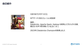 © 2025 NTT DATA Japan Corporation 2
自己紹介
北波 紘子(キタバ ヒロコ)
NTTデータ OSSソリューション統括部
業務：
Databricks、Apache Spark、Hadoop を使用したプロジェクト支援、
最近は KVM 周りを触っている(主に UI )
2023年にDatabricks Championを取得しました
 