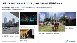 © 2025 NTT DATA Japan Corporation 3
なぜ Data+AI Summit 2025 (DAIS 2025) に参加したのか？
Databricks、Apache Spark やデータ分析基盤にかかわる最新技術動向を得るため
昨年に引き続き、今年も現地参加した。
メイン会場：Moscone center
Keynote (Moscone center 内)
昼食会場：Yerba Buena Gardens
パーティ(Yerba
Buena Gardens 内)
セッション会場
 