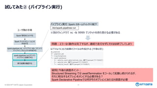 © 2025 NTT DATA Japan Corporation 31
試してみた② (パイプライン実行)
※別のウィンドウで nc -lk 9999 でソケットを待ち受ける必要がある
./bin/spark-pipelines run
パイプライン実行 Spark のホームディレクトリ配下
問題：エラーなく動作は完了するが、連続で走行せずにそのまま終了してしまう
以下のように出力結果のファイルは作成される (中身は空):
疑問と今後の調査ポイント：
Structured Streaming では awaitTermination をコールして起動し続けられるが、
それに相当するオプションをオンにする必要がある？
Spark Declarative Pipelineでは何がそのオプションにあたるか調査が必要
 