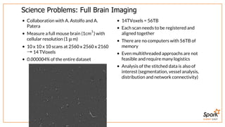SUMMIT EAST
Science	Problems:	Full	Brain	Imaging
Collaboration	with	A.	Astolfo	and	A.
Patera
Measure	a	full	mouse	brain	(1cm )	with
cellular	resolution	(1	 	m)
10	x	10	x	10	scans	at	2560	x	2560	x	2160
	14	TVoxels
0.000004%	of	the	entire	dataset
3
μ
→
14TVoxels	=	56TB
Each	scan	needs	to	be	registered	and
aligned	together
There	are	no	computers	with	56TB	of
memory
Even	multithreaded	approachs	are	not
feasible	and	require	many	logistics
Analysis	of	the	stitched	data	is	also	of
interest	(segmentation,	vessel	analysis,
distribution	and	network	connectivity)
 