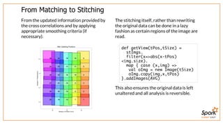SUMMIT EAST
From	Matching	to	Stitching
From	the	updated	information	provided	by
the	cross	correlations	and	by	applying
appropriate	smoothing	criteria	(if
necessary).
The	stitching	itself,	rather	than	rewriting
the	original	data	can	be	done	in	a	lazy
fashion	as	certain	regions	of	the	image	are
read.
This	also	ensures	the	original	data	is	left
unaltered	and	all	analysis	is	reversible.
def getView(tPos,tSize) =
stImgs.
filter(x=>abs(x-tPos)
<img.size).
map { case (x,img) =>
val oImg = new Image(tSize)
oImg.copy(img,x,tPos)
}.addImages(AVG)
 