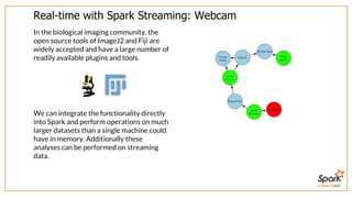 SUMMIT EAST
Real-time	with	Spark	Streaming:	Webcam
In	the	biological	imaging	community,	the
open	source	tools	of	ImageJ2	and	Fiji	are
widely	accepted	and	have	a	large	number	of
readily	available	plugins	and	tools.
	
We	can	integrate	the	functionality	directly
into	Spark	and	perform	operations	on	much
larger	datasets	than	a	single	machine	could
have	in	memory.	Additionally	these
analyses	can	be	performed	on	streaming
data.
 