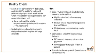 SUMMIT EAST
Reality	Check
Spark	is	not	performant	 	dedicated,
optimized	CPU	and	GPU	codes	will
perform	slightly	to	much	much	better
when	evaulated	by	pixels	per	second	per
processing	power	unit
these	codes	will	be	wildly
outperformed	by	dedicated	hardware
/	FPGA	solutions
Serialization	overhead	and	network
congestion	are	not	neglible	for	large
datasets
→ But
Scala	/	Python	in	Spark	is	substantially
easier	to	write	and	test
Highly	optimized	codes	are	very
inflexible
Human	time	is	400x	more	expensive
than	AWS	time
Mistakes	due	to	poor	testing	can	be
fatal
Spark	scales	smoothly	to	enormous
datasets
GPUs	rarely	have	more	than	a	few
gigabytes
Writing	code	that	pages	to	disk	is
painful
Spark	is	hardware	agnostic	(no	drivers	or
vendor	lock-in)
 