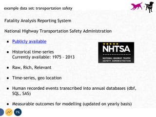 Fatality Analysis Reporting System
National Highway Transportation Safety Administration
●  Publicly available
●  Historical time-series
Currently available: 1975 – 2013
●  Raw, Rich, Relevant
●  Time-series, geo location
●  Human recorded events transcribed into annual databases (dbf,
SQL, SAS)
●  Measurable outcomes for modelling (updated on yearly basis)
PK
example data set: transportation safety +
 
