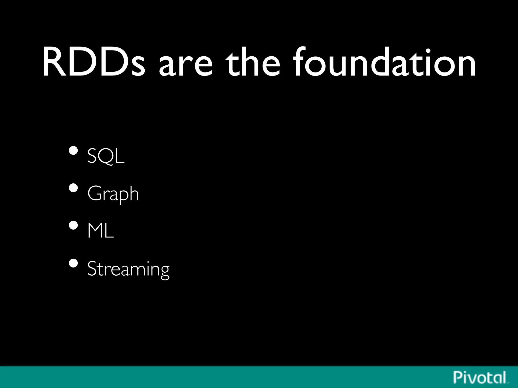 RDDs are the foundation	

• SQL	

• Graph	

• ML	

• Streaming	

 