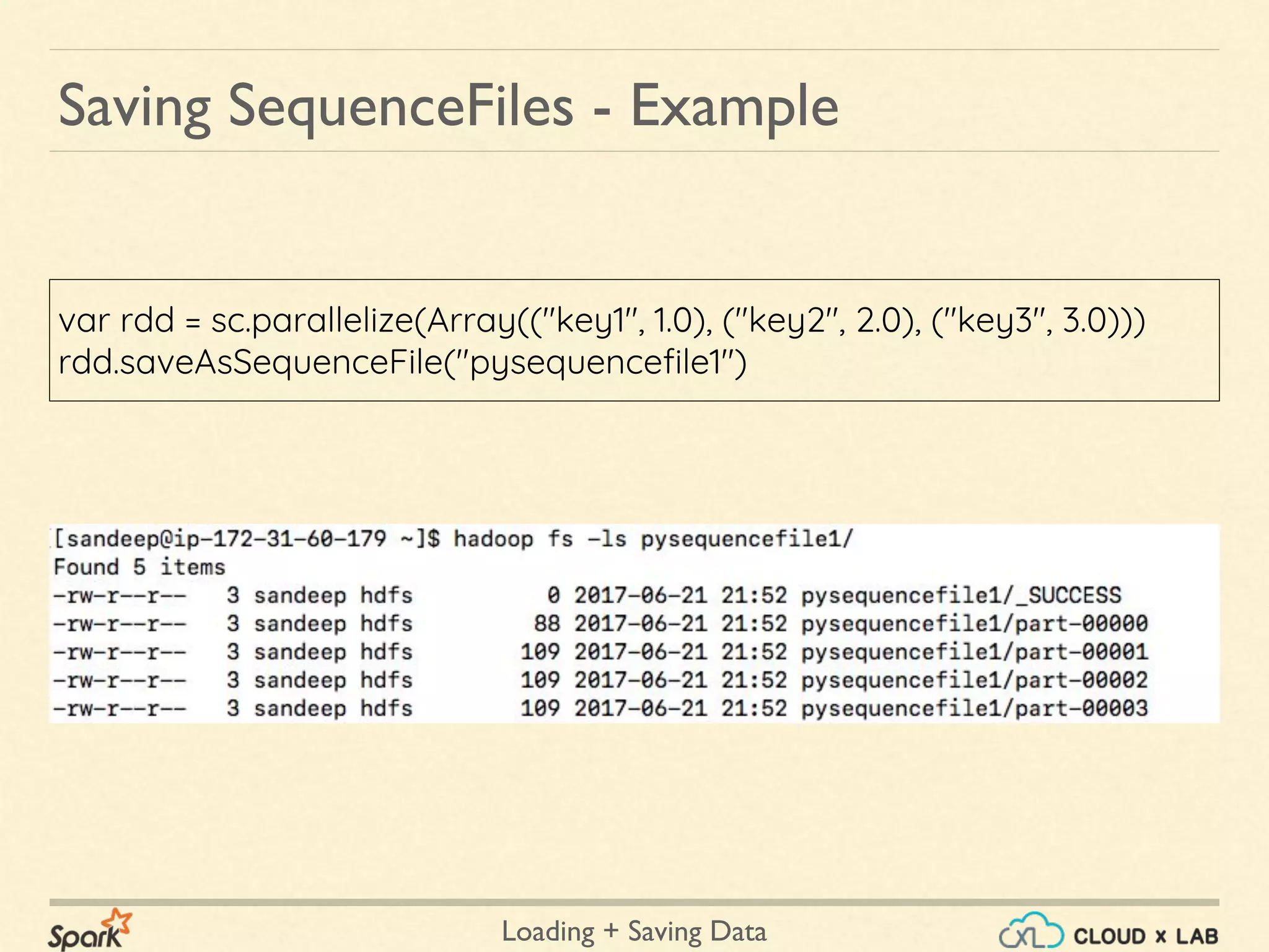 Loading + Saving Data
var rdd = sc.parallelize(Array(("key1", 1.0), ("key2", 2.0), ("key3", 3.0)))
rdd.saveAsSequenceFile("pysequencefile1")
Saving SequenceFiles - Example
 