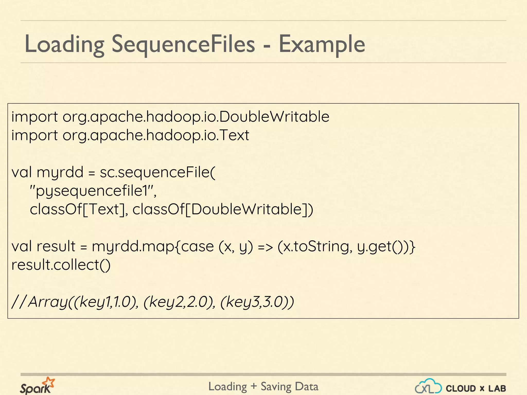 Loading + Saving Data
Loading SequenceFiles - Example
import org.apache.hadoop.io.DoubleWritable
import org.apache.hadoop.io.Text
val myrdd = sc.sequenceFile(
"pysequencefile1",
classOf[Text], classOf[DoubleWritable])
val result = myrdd.map{case (x, y) => (x.toString, y.get())}
result.collect()
//Array((key1,1.0), (key2,2.0), (key3,3.0))
 