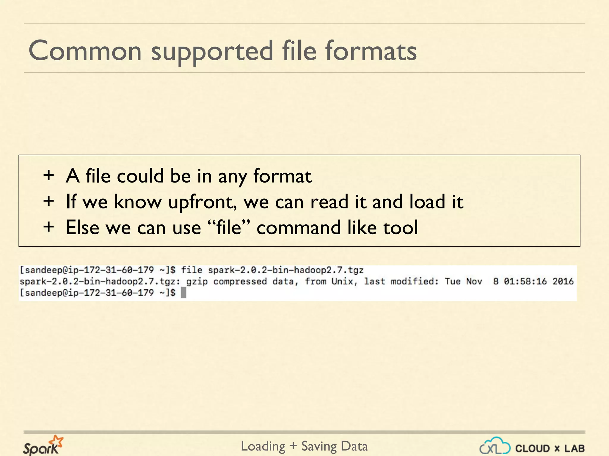 Loading + Saving Data
Common supported file formats
+ A file could be in any format
+ If we know upfront, we can read it and load it
+ Else we can use “file” command like tool
 