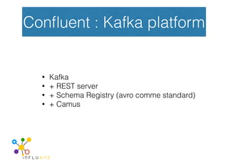 Conﬂuent : Kafka platform
• Kafka
• + REST server
• + Schema Registry (avro comme standard)
• + Camus
 