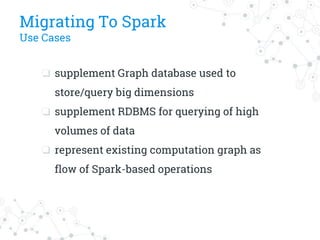 Migrating To Spark
Use Cases
❏ supplement Graph database used to
store/query big dimensions
❏ supplement RDBMS for querying of high
volumes of data
❏ represent existing computation graph as
flow of Spark-based operations
 