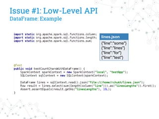 Issue #1: Low-Level API
DataFrame: Example
lines.json
{"line":"some"}
{"line":"lines"}
{"line":"for"}
{"line":"test"}
 