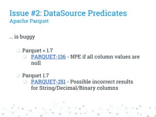 … is buggy
❏ Parquet < 1.7
❏ PARQUET-136 - NPE if all column values are
null
❏ Parquet 1.7
❏ PARQUET-251 - Possible incorrect results
for String/Decimal/Binary columns
Issue #2: DataSource Predicates
Apache Parquet
 
