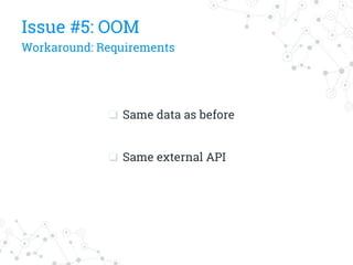 ❏ Same data as before
❏ Same external API
Issue #5: OOM
Workaround: Requirements
 