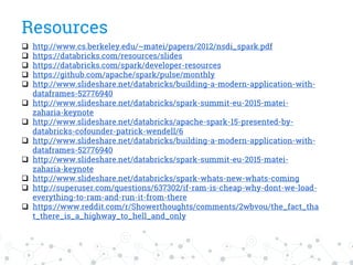 Resources
 http://www.cs.berkeley.edu/~matei/papers/2012/nsdi_spark.pdf
 https://databricks.com/resources/slides
 https://databricks.com/spark/developer-resources
 https://github.com/apache/spark/pulse/monthly
 http://www.slideshare.net/databricks/building-a-modern-application-with-
dataframes-52776940
 http://www.slideshare.net/databricks/spark-summit-eu-2015-matei-
zaharia-keynote
 http://www.slideshare.net/databricks/apache-spark-15-presented-by-
databricks-cofounder-patrick-wendell/6
 http://www.slideshare.net/databricks/building-a-modern-application-with-
dataframes-52776940
 http://www.slideshare.net/databricks/spark-summit-eu-2015-matei-
zaharia-keynote
 http://www.slideshare.net/databricks/spark-whats-new-whats-coming
 http://superuser.com/questions/637302/if-ram-is-cheap-why-dont-we-load-
everything-to-ram-and-run-it-from-there
 https://www.reddit.com/r/Showerthoughts/comments/2wbvou/the_fact_tha
t_there_is_a_highway_to_hell_and_only
 