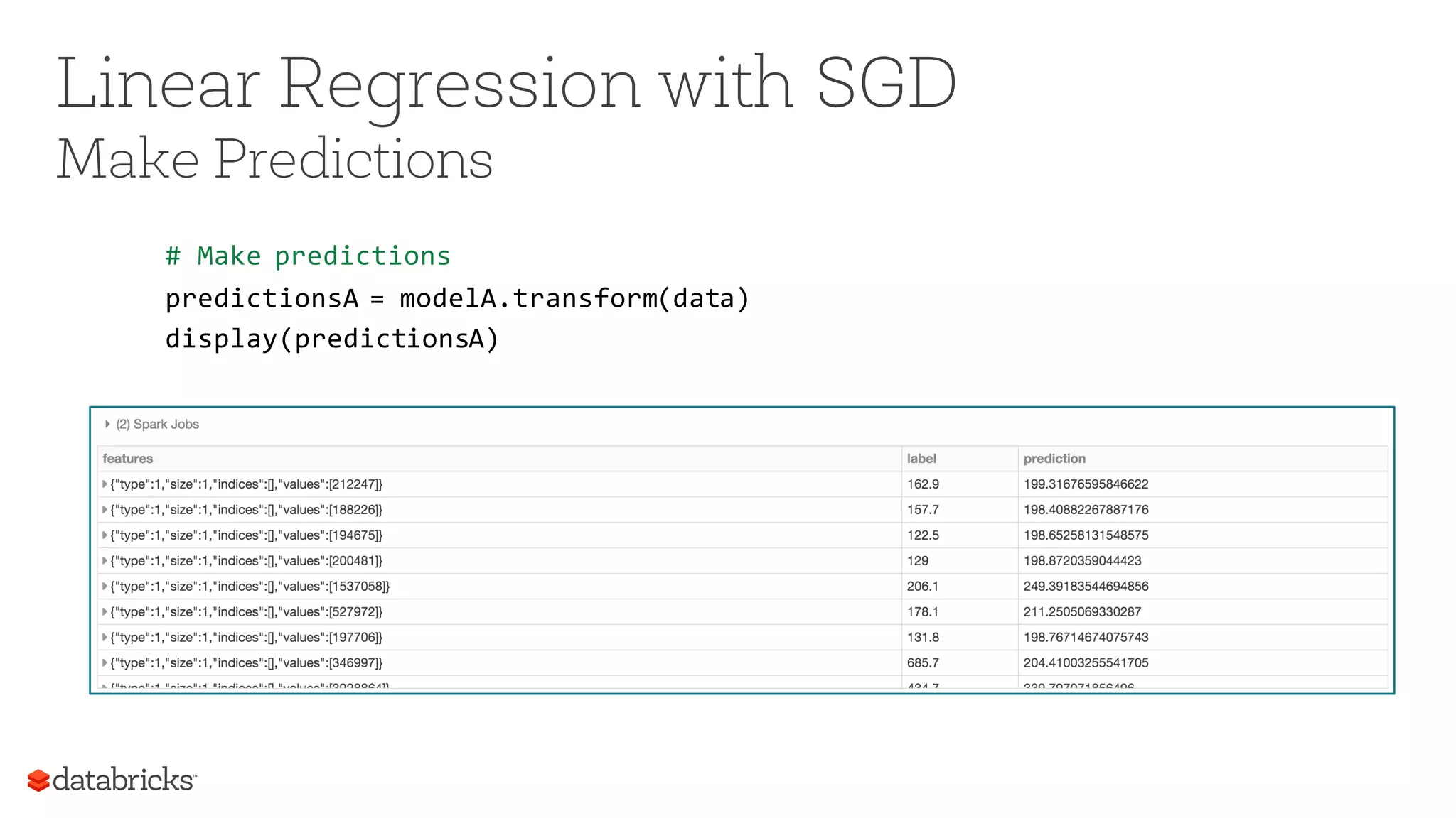 Linear Regression with SGD
Make Predictions
# Make predictions
predictionsA = modelA.transform(data)
display(predictionsA)
 